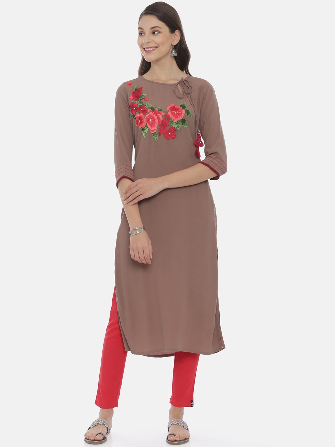 

Neerus Women Brown Embroidered Straight Kurta