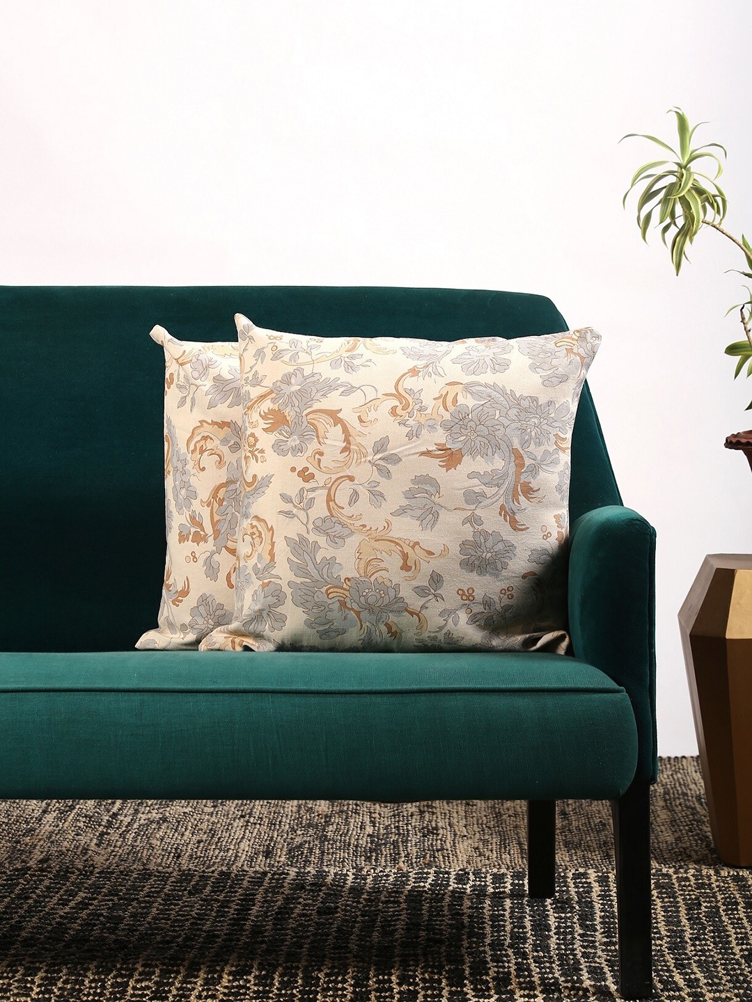 

Contrast Living Beige & Blue Set of 2 Floral Square Cushion Covers