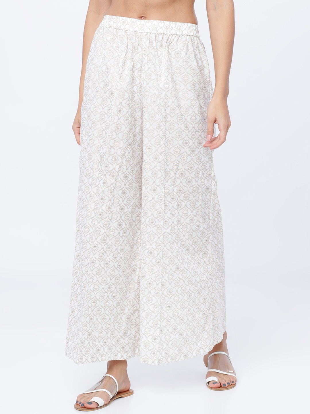 

Vishudh Women Off-White & Grey Printed Wide Leg Palazzos