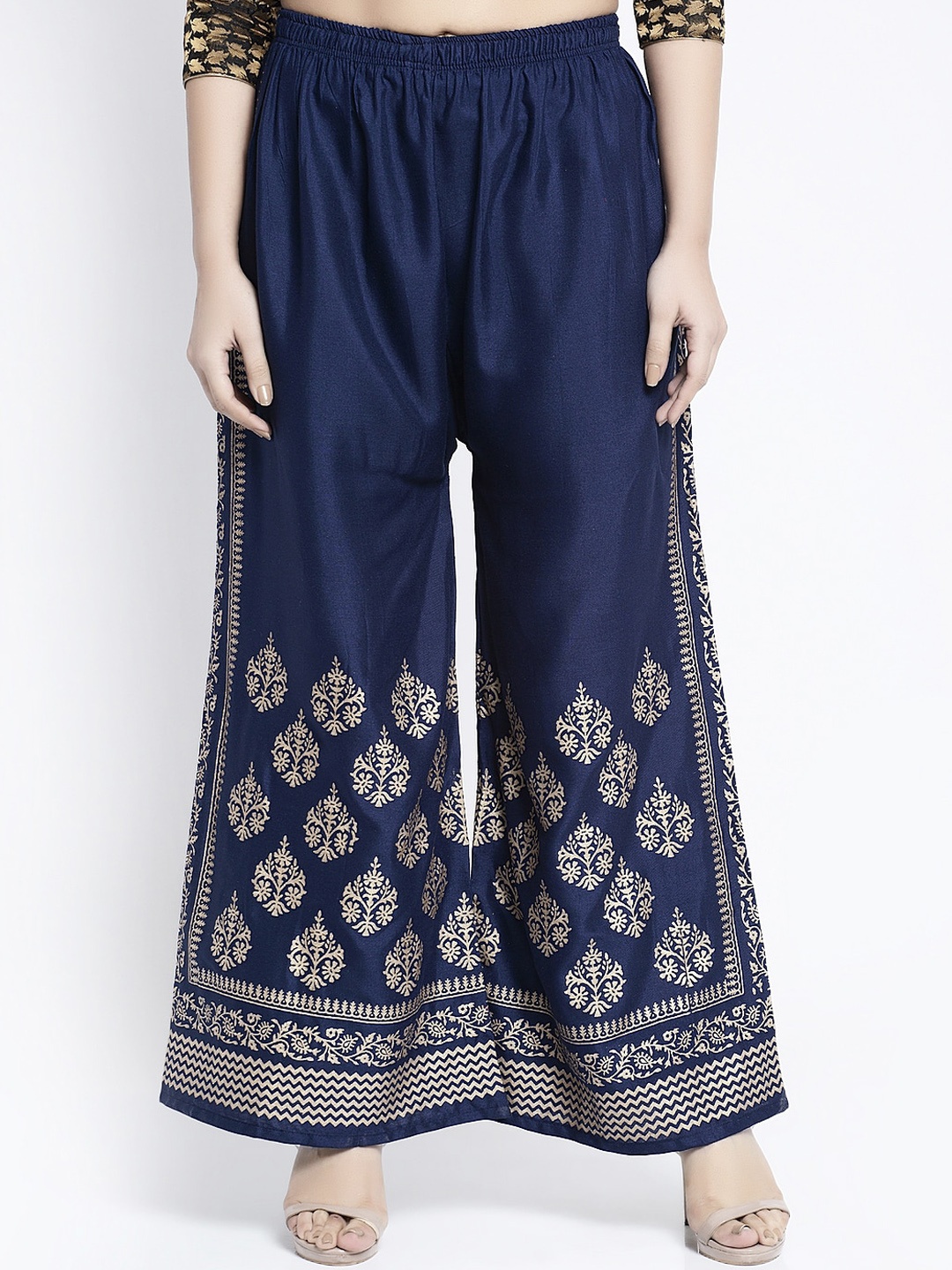 

GRACIT Women Navy Blue & Gold-Toned Solid Flared Palazzos