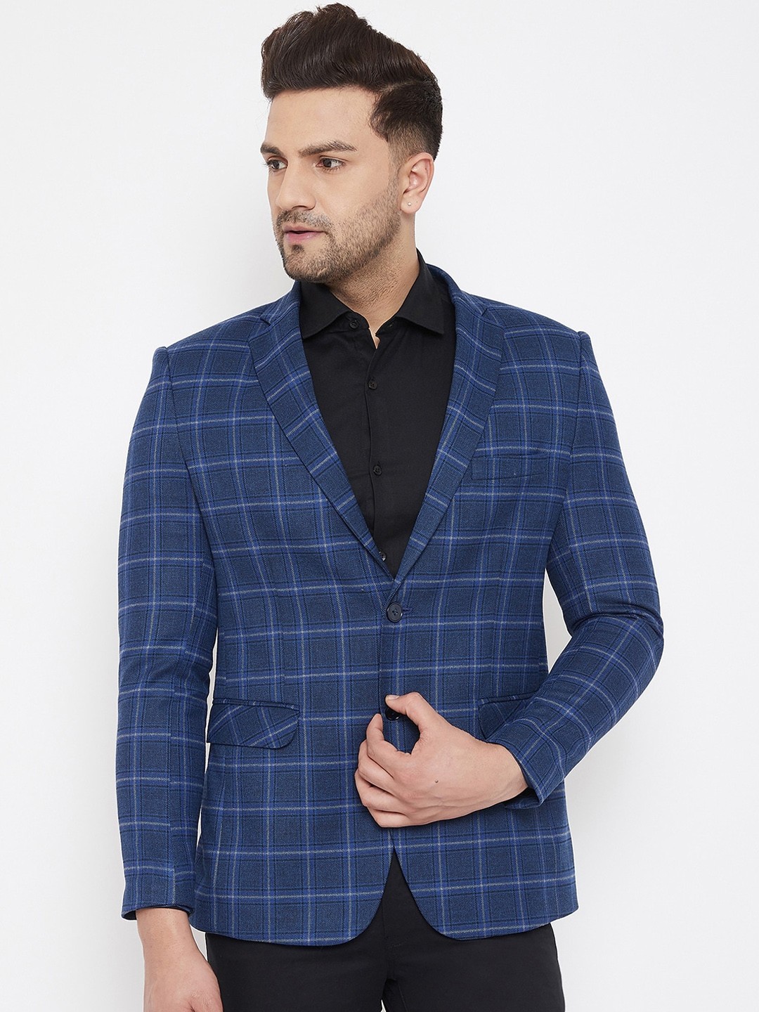 

Canary London Men Blue & White Checked Slim-Fit Single-Breasted Casual Blazer