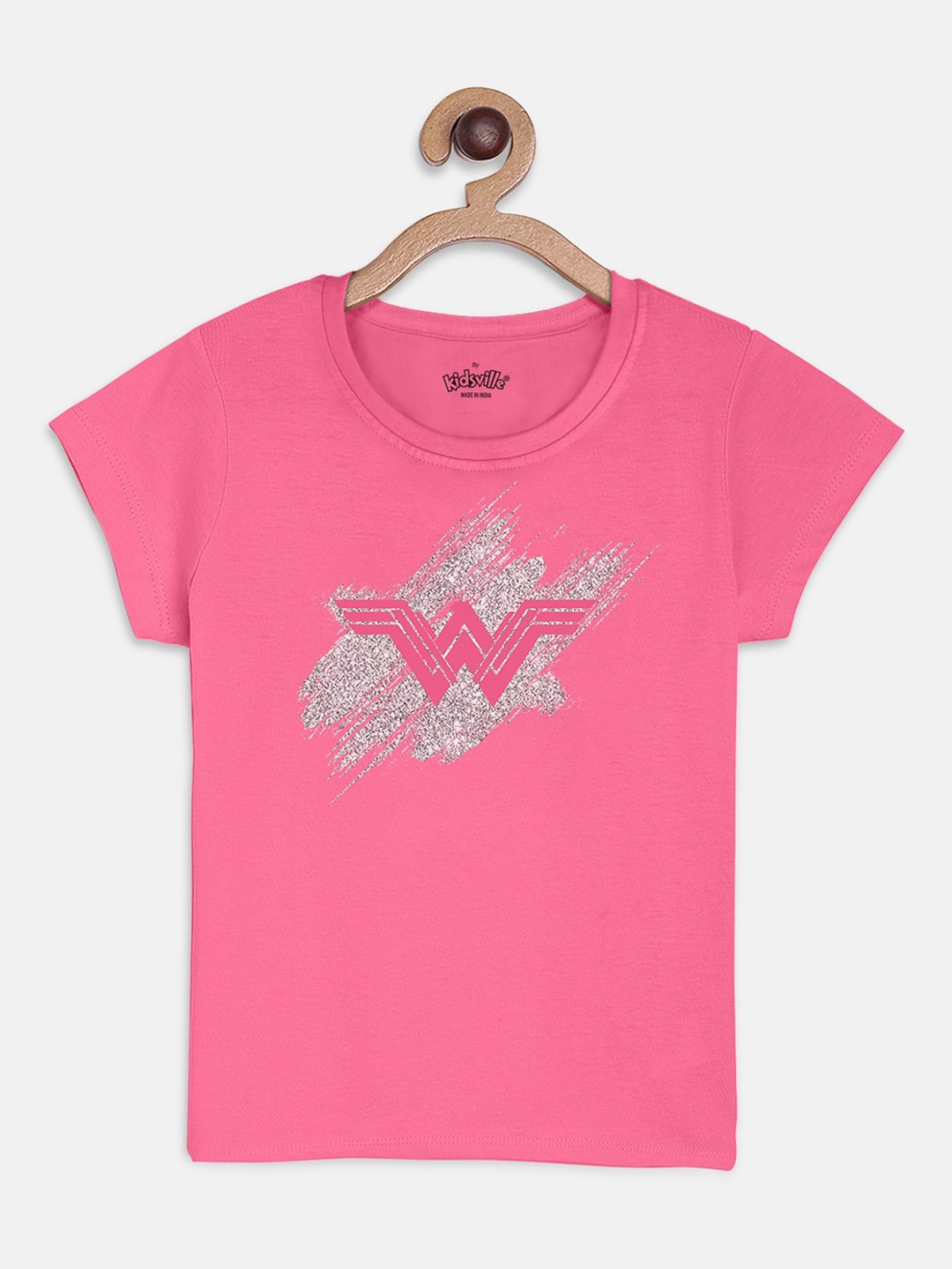 

Kids Ville Girls Pink Wonder Woman Printed Round Neck Pure Cotton T-shirt