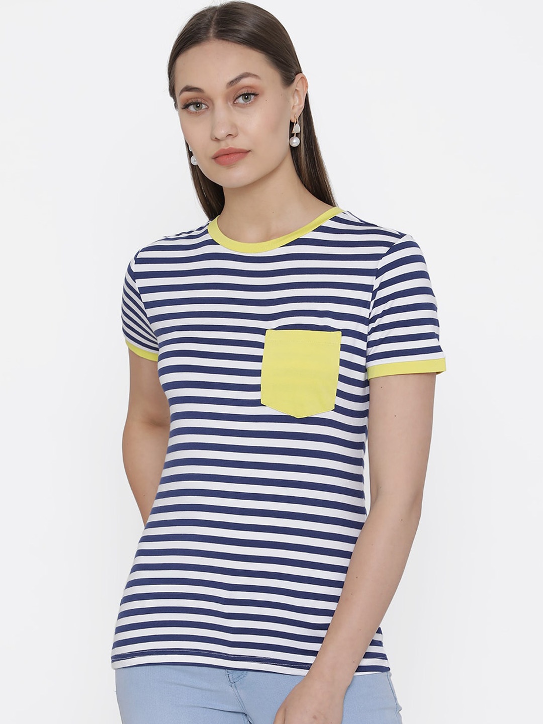 

DOOR74 Women Blue & White Striped Round Neck T-shirt