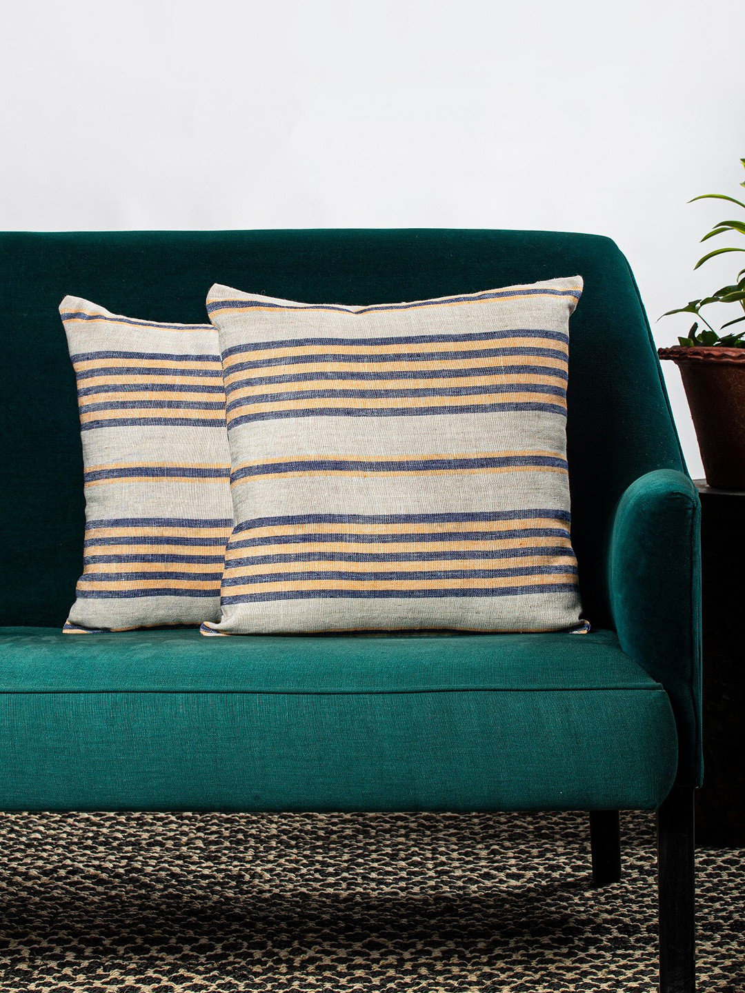 

Contrast Living Beige & Blue Set of 2 Striped Square Cushion Covers
