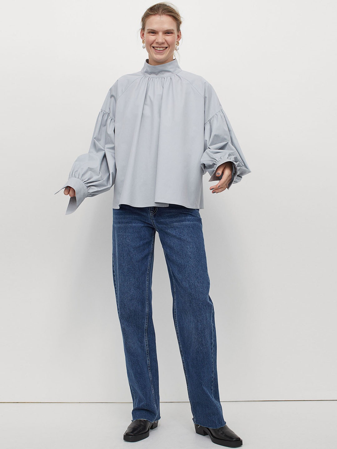 

H&M Women Grey Solid Silk-blend Blouse