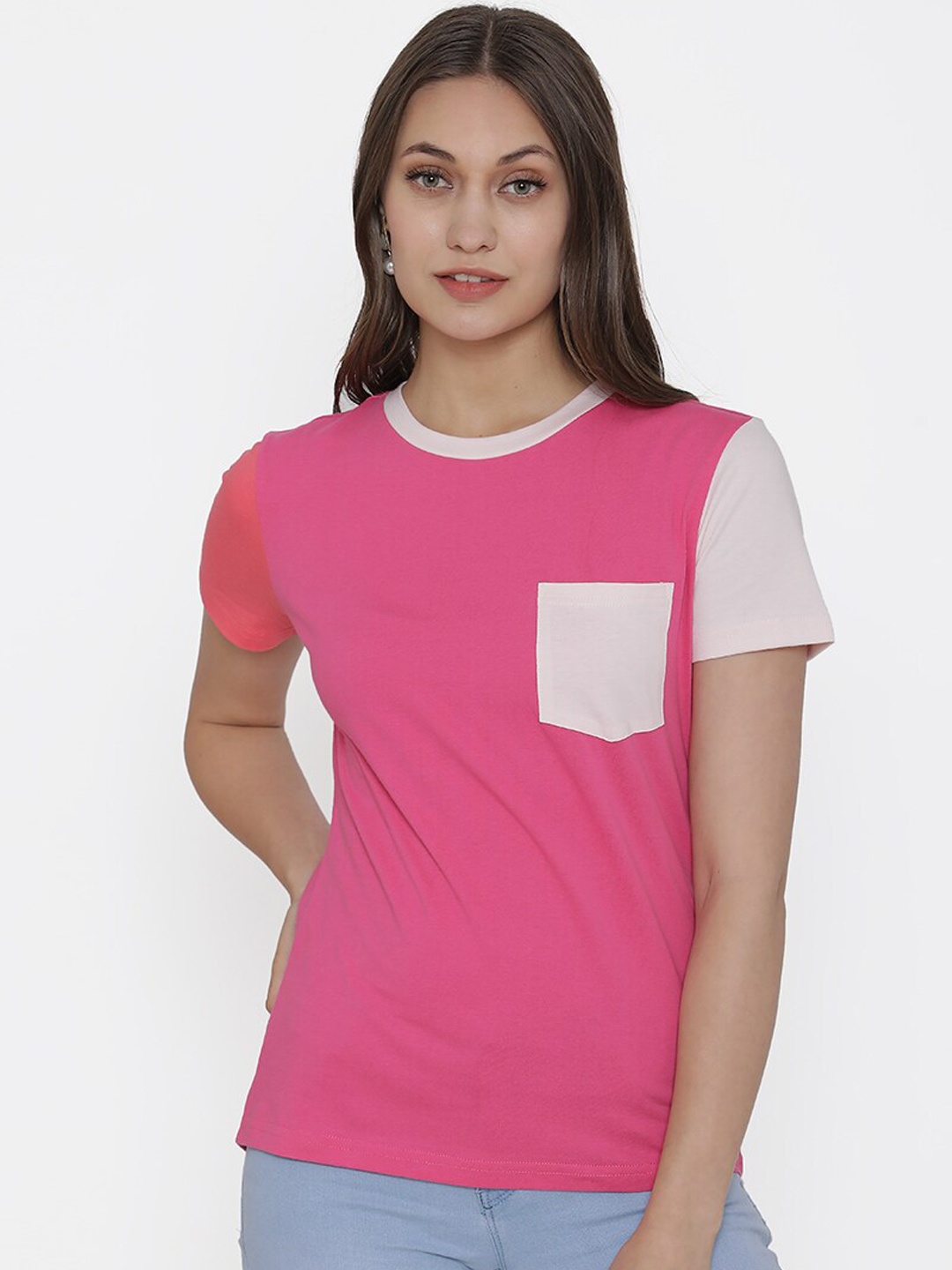 

DOOR74 Women Pink & White Colorblocked Round Neck T-shirt