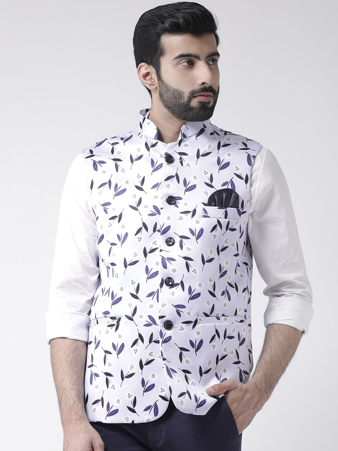 

Hangup Men White & Purple Woven Printed Nehru Jacket