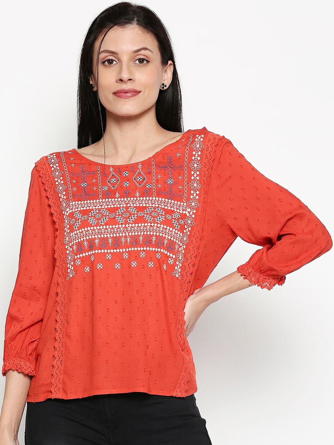 People Women Coral Embroidered Top