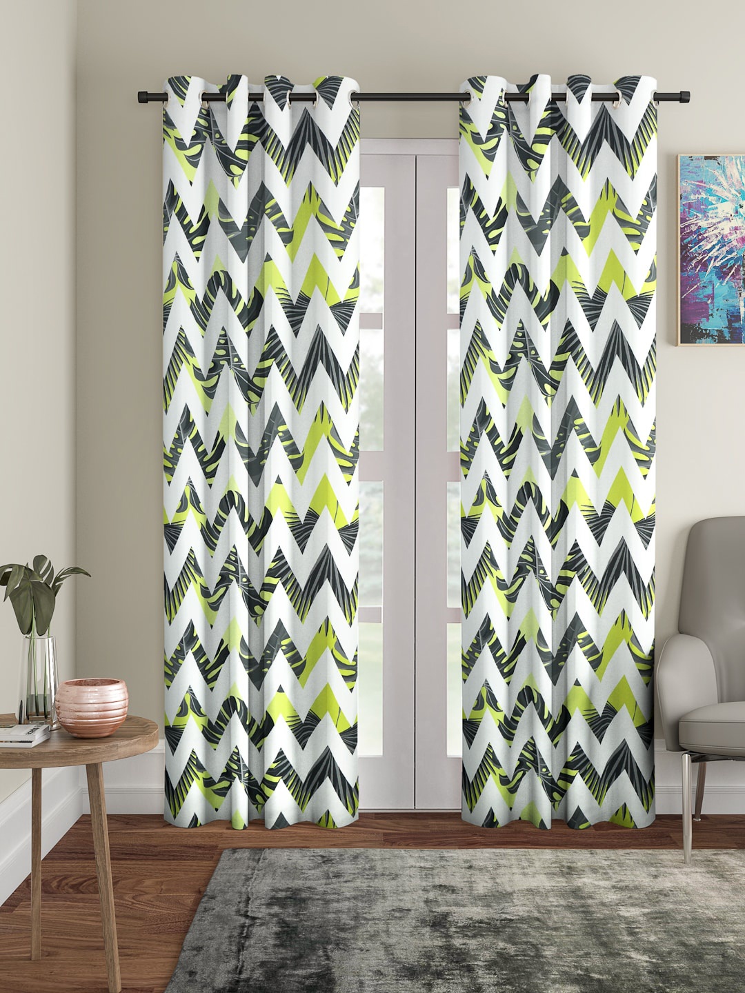 

Cortina Green & White Set of 2 Digital Printed Long Door Curtains