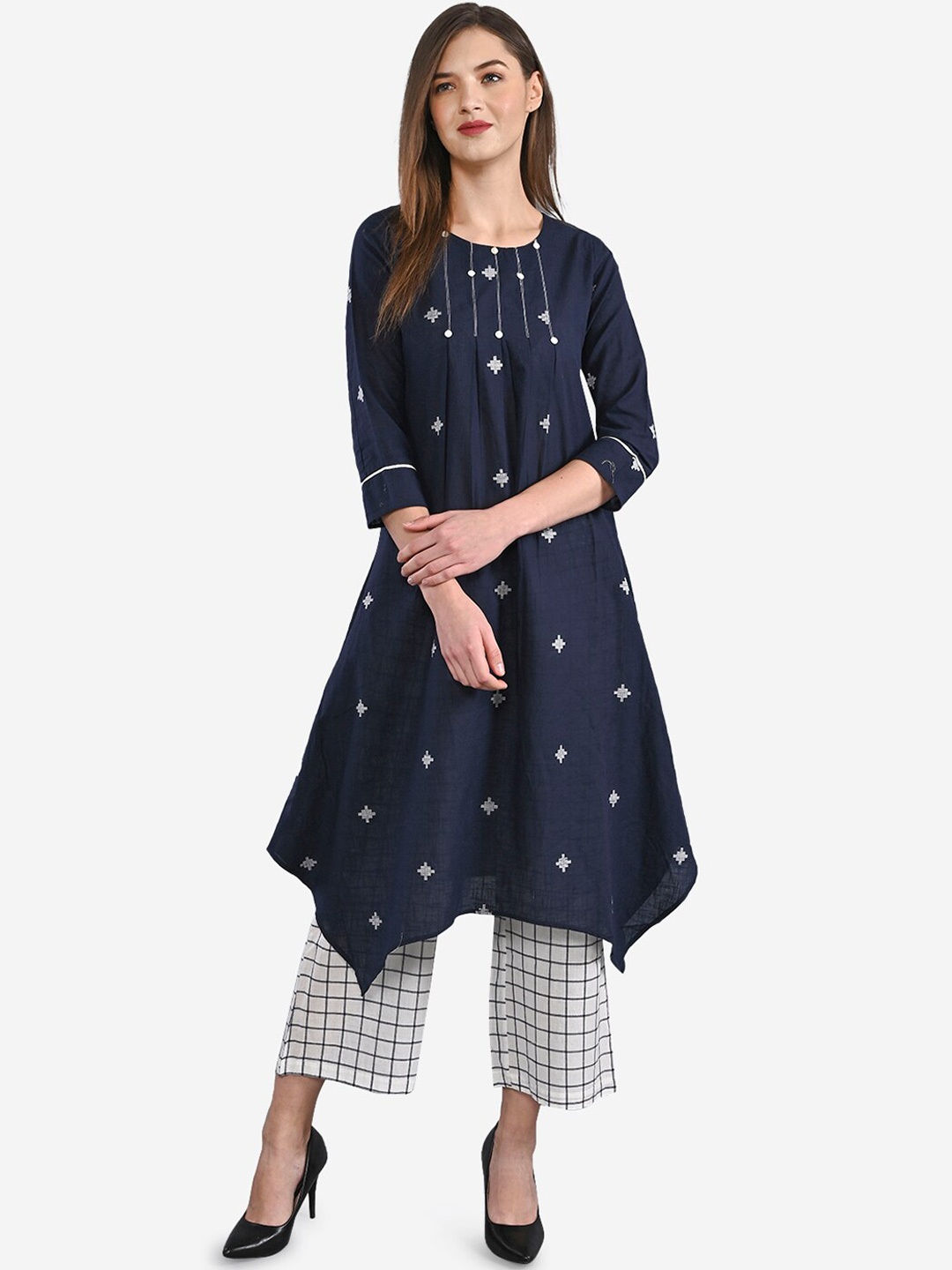 

Be Indi Women Navy Blue & White Woven Design Cotton Kurta with Palazzos