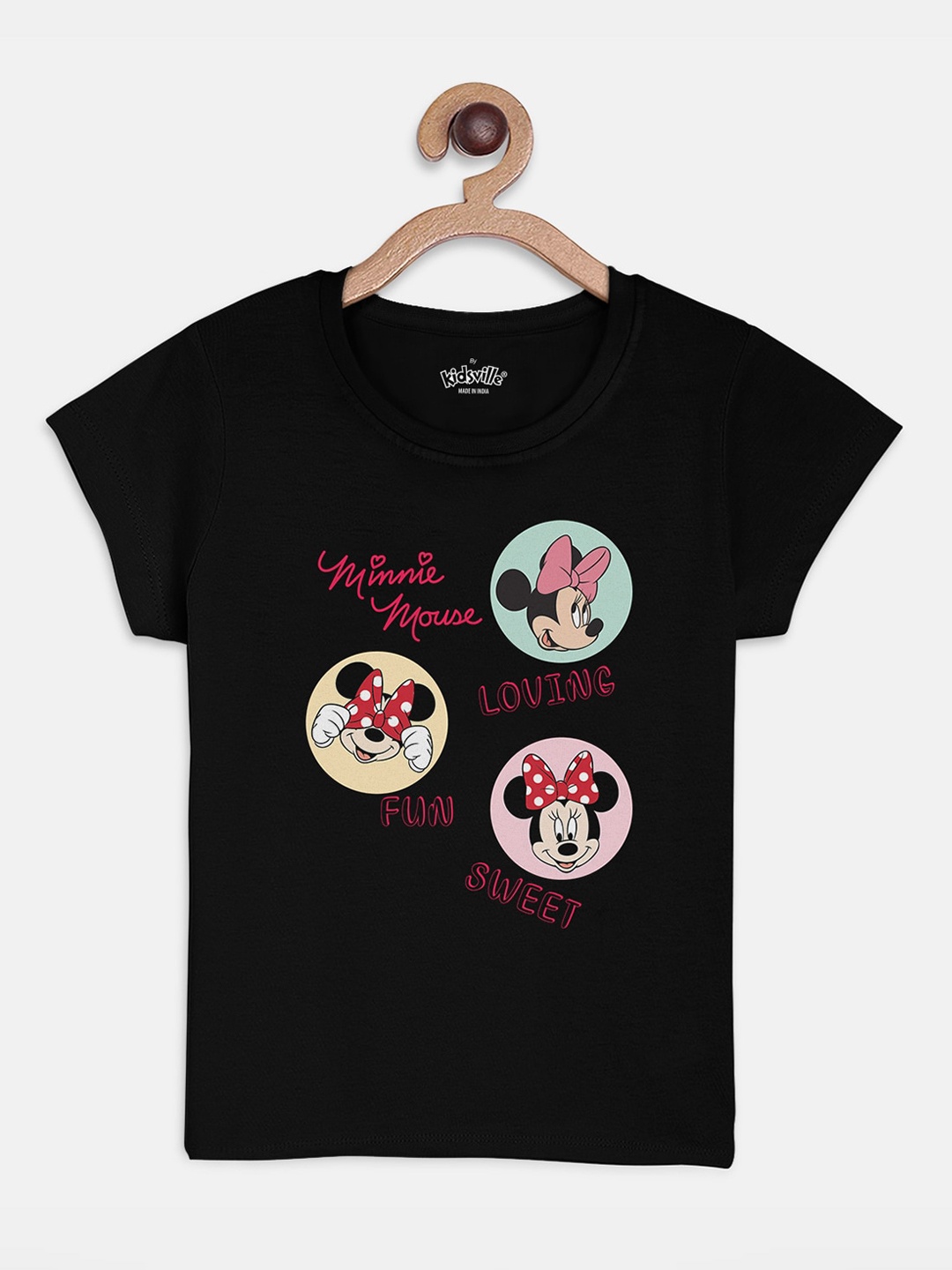 

Kids Ville Girls Black Mickey & Friends Printed Round Neck T-shirt