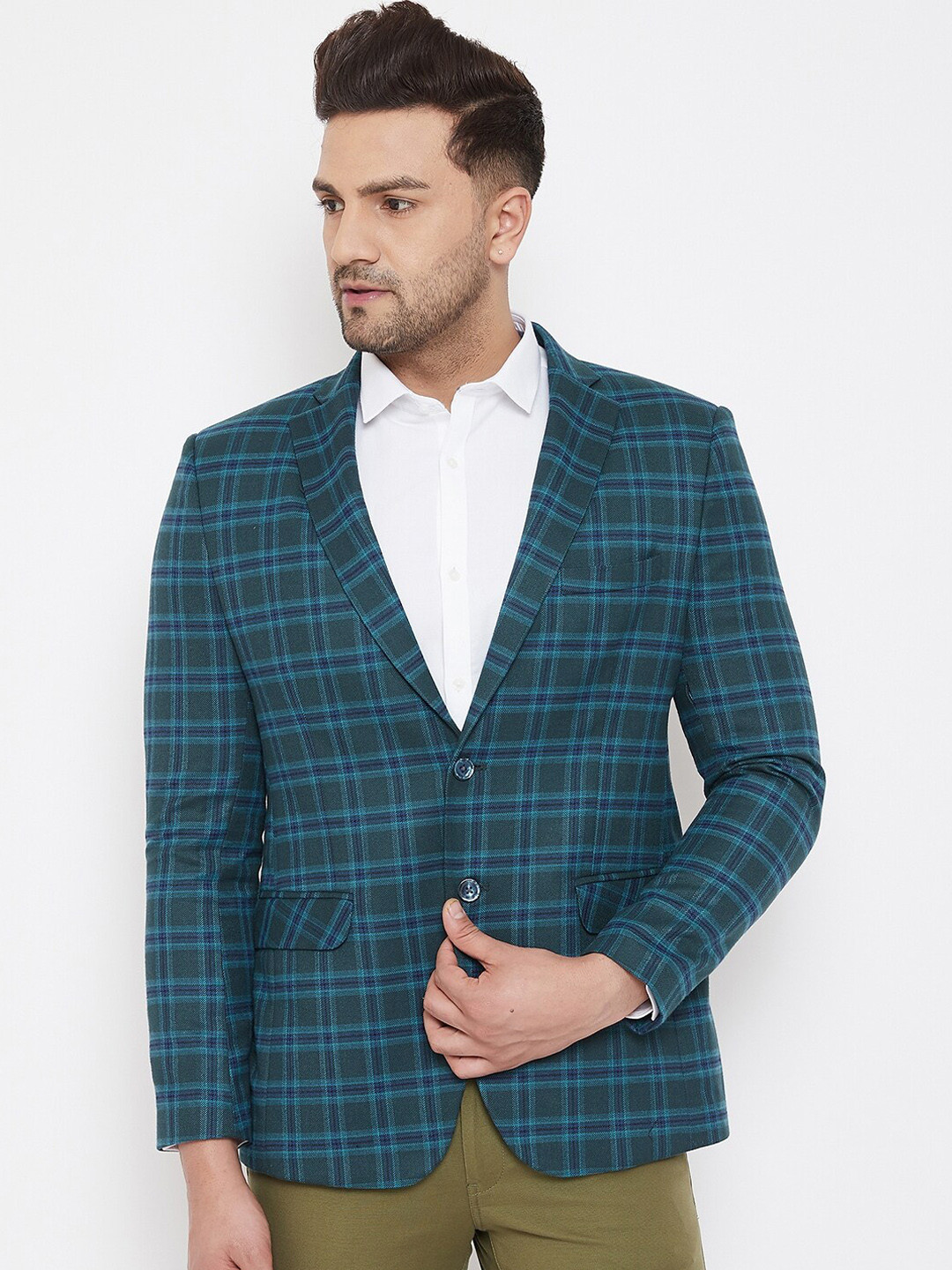

Canary London Men Green & Blue Checked Slim-Fit Pure-Wool Casual Blazer