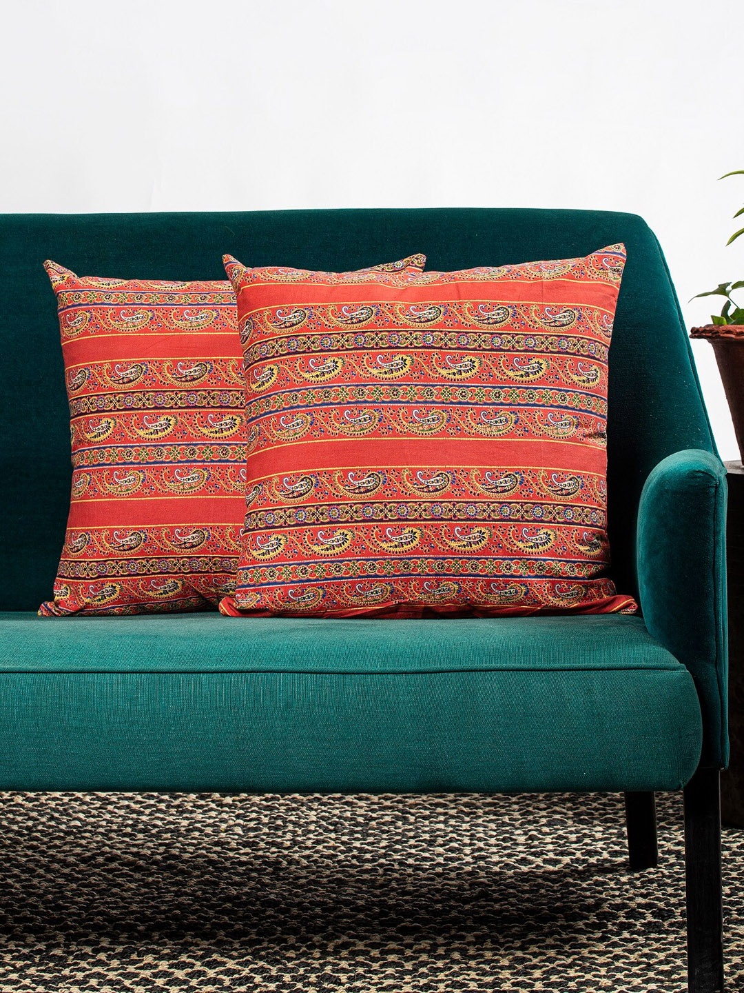 Contrast Living Red & White Set of 2 Ethnic Motifs Square Cushion Covers
