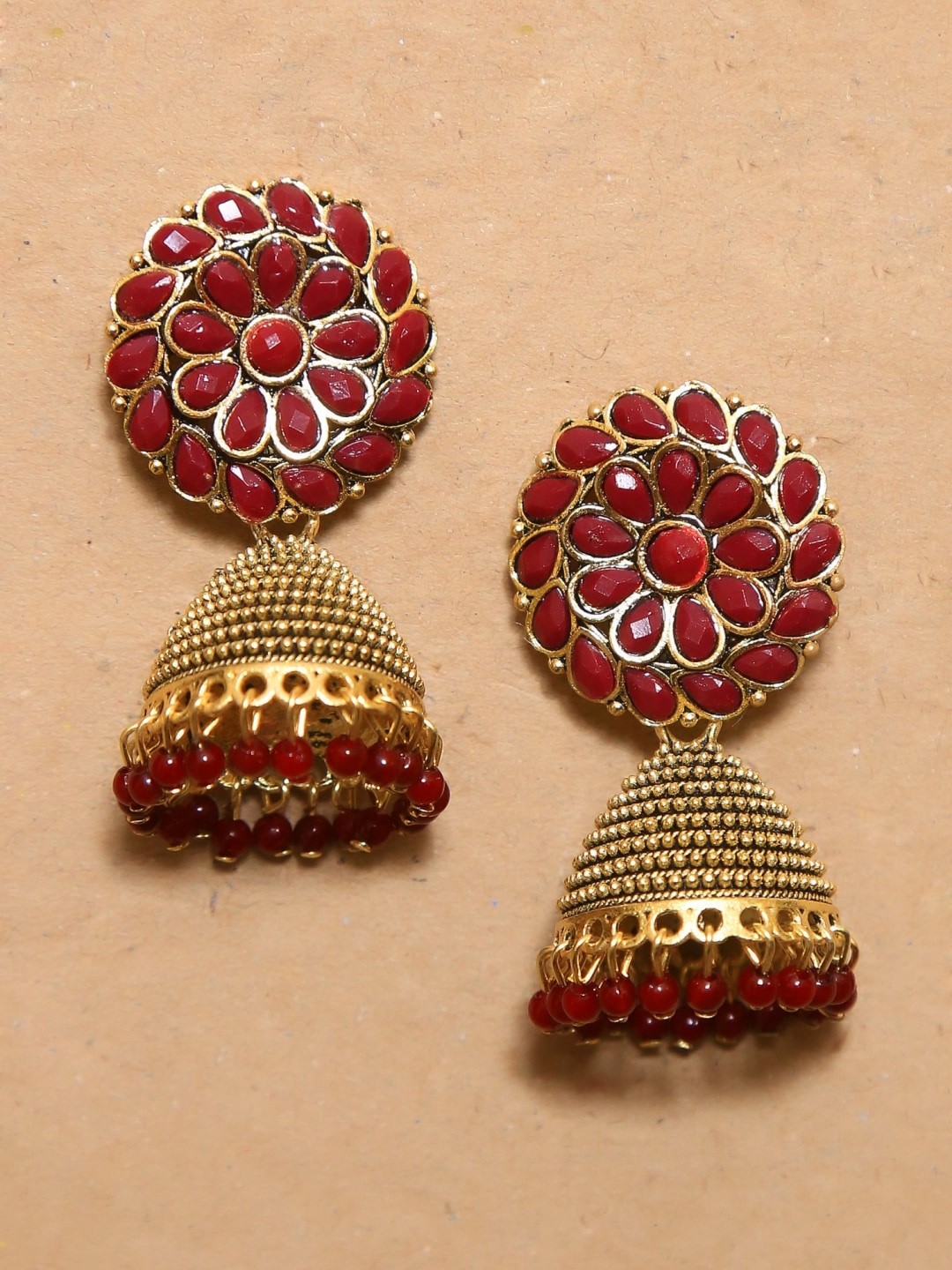 

Crunchy Fashion Red & Gold-Plated Floral Jhumkas