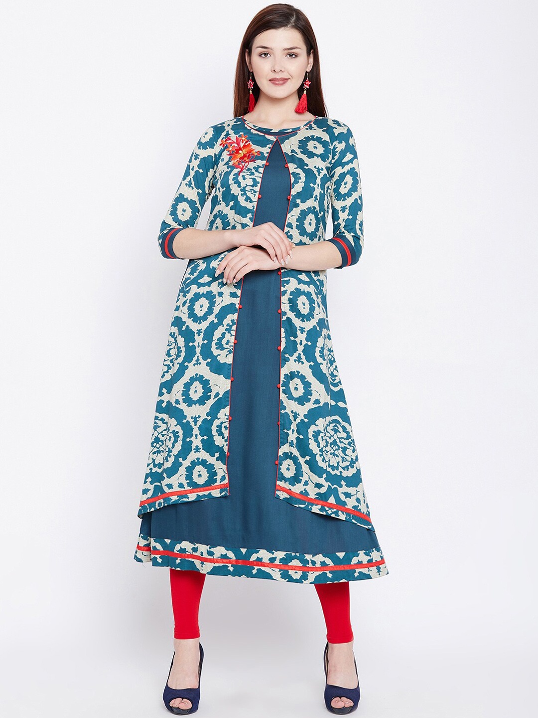 

WineRed Women Teal Printed A-Line Kurta