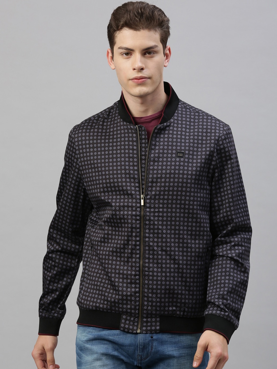 

RARE RABBIT Men Black Printed Insulator Bomber Jacket