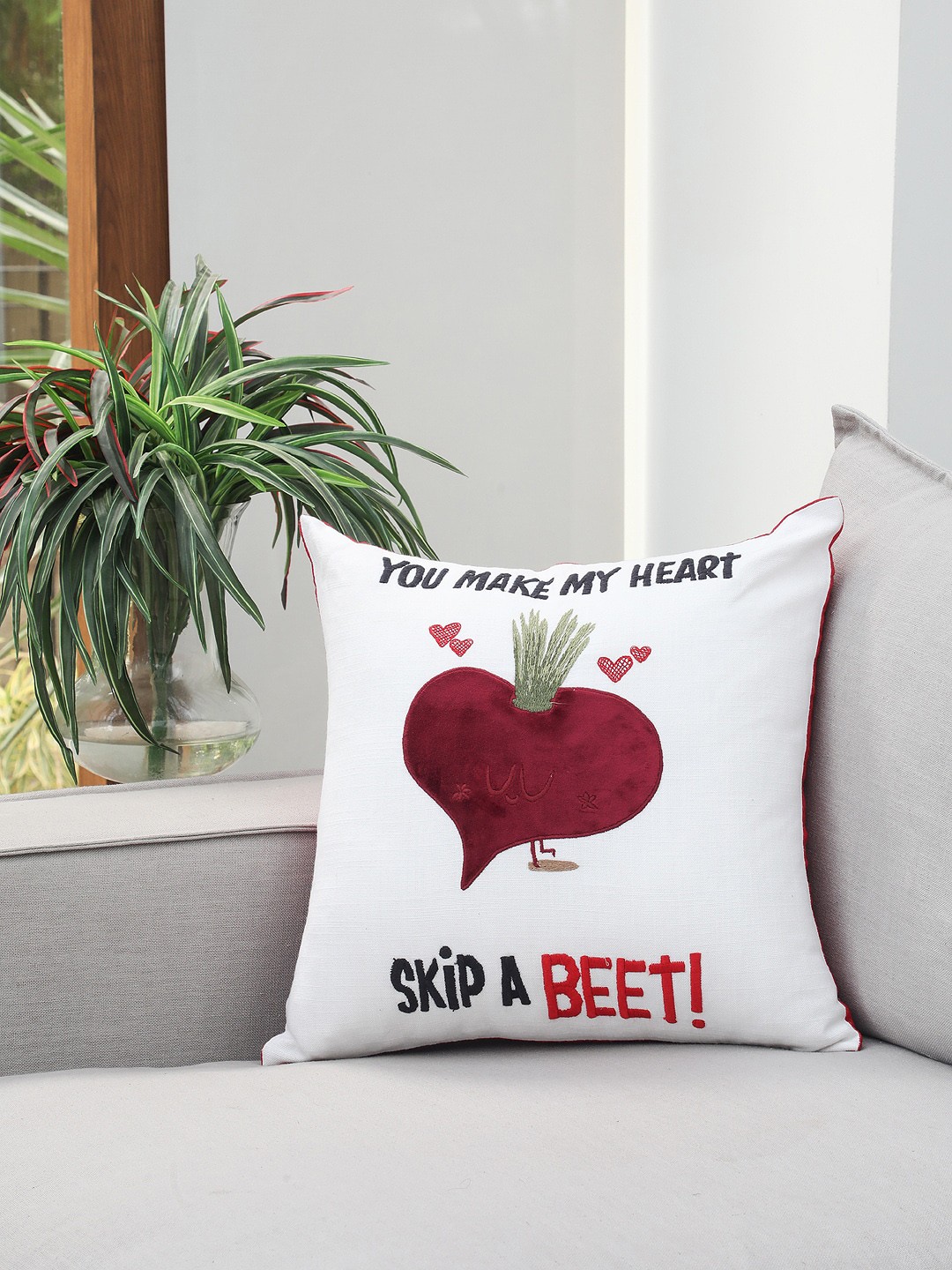 

BLUE BOAT Off-White & Red Single Embroidered Square Cushion Cover
