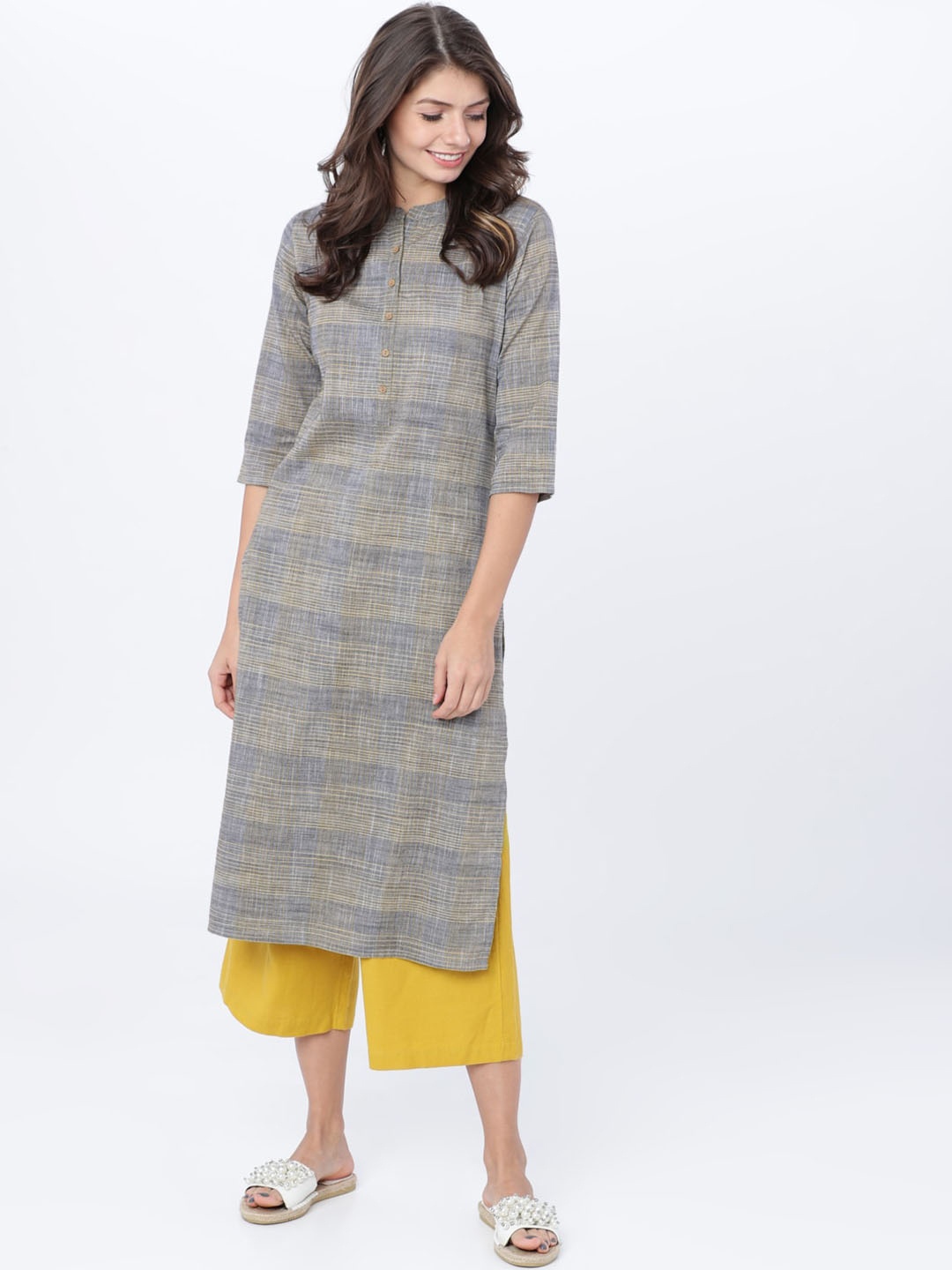 

Vishudh Women Grey & Yellow Striped Straight Kurta