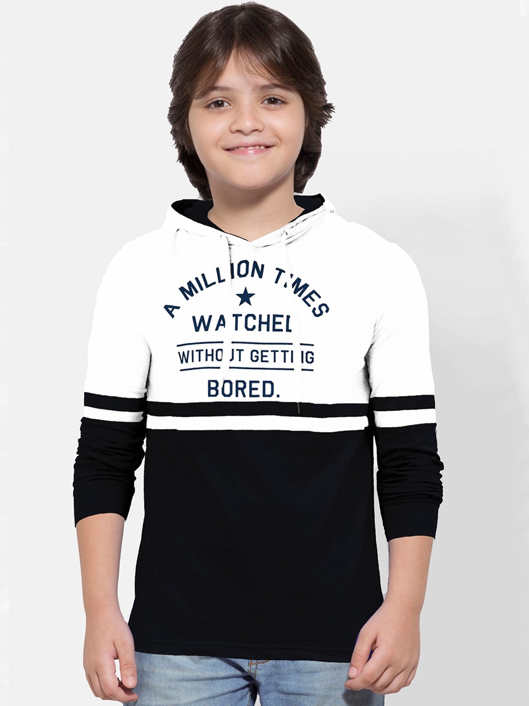 

Maniac Boys White Black Colourblocked Hood Pure Cotton T-shirt