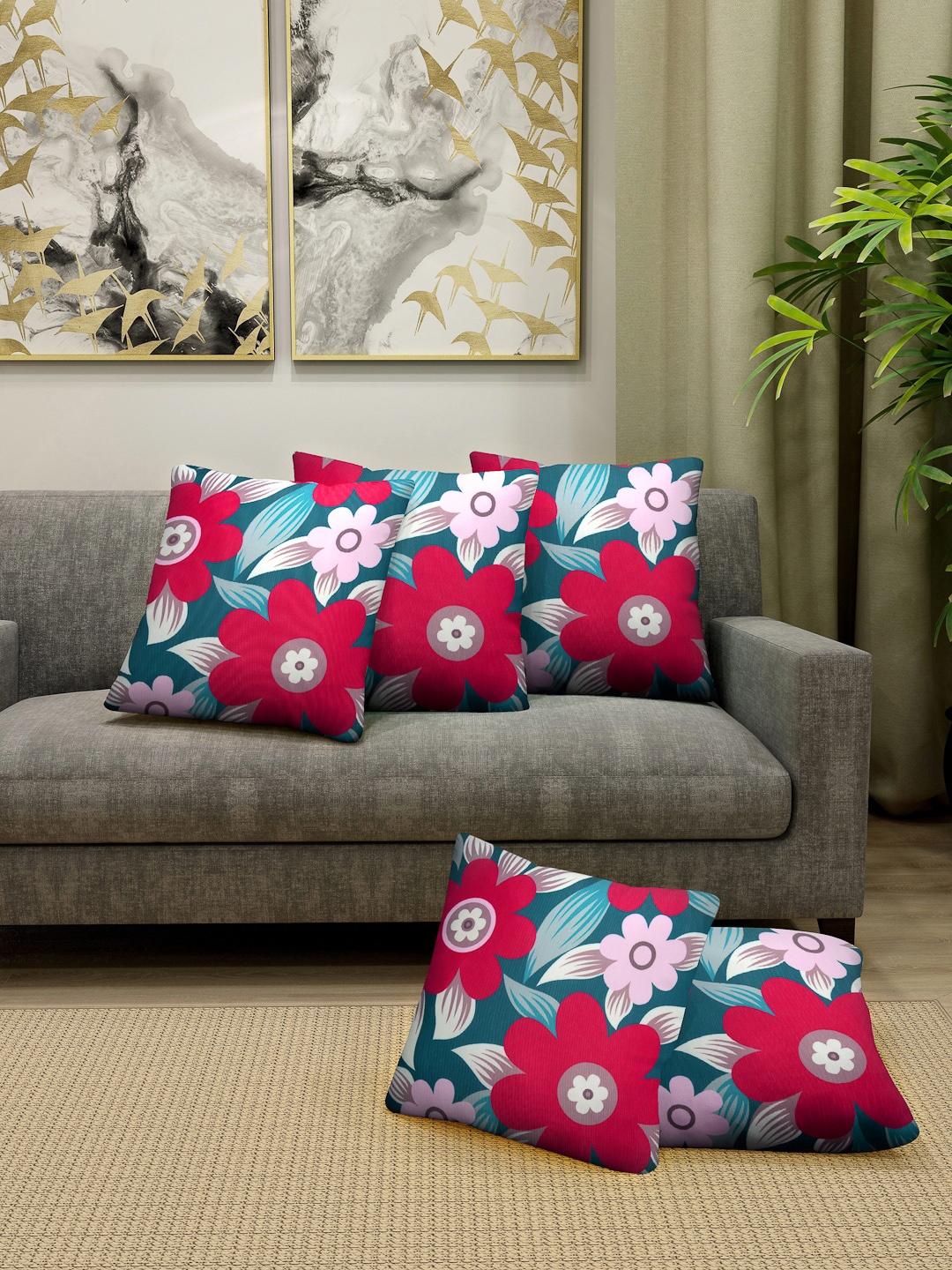 

Cortina Multicolored Set of 5 Floral Printed Cushion Covers, Green