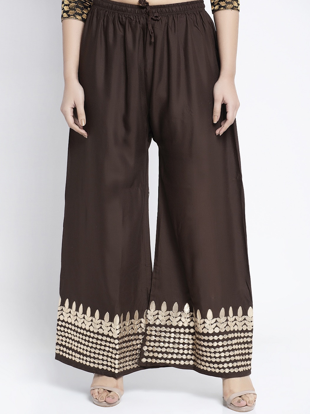 

GRACIT Women Brown & Gold-Toned Hem Design Flared Palazzos