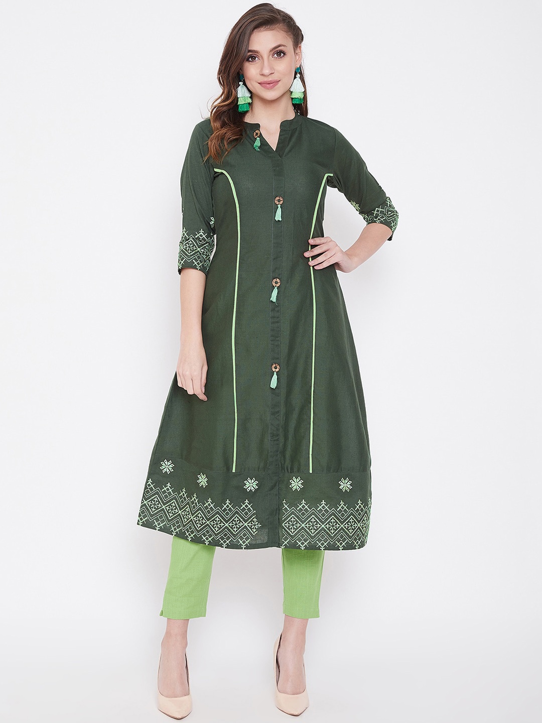 

WineRed Women Green Embroidered A-Line Kurta