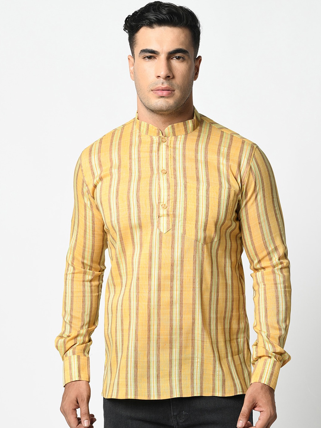 

LAMAAYA Men Yellow & Beige Striped Straight Kurta