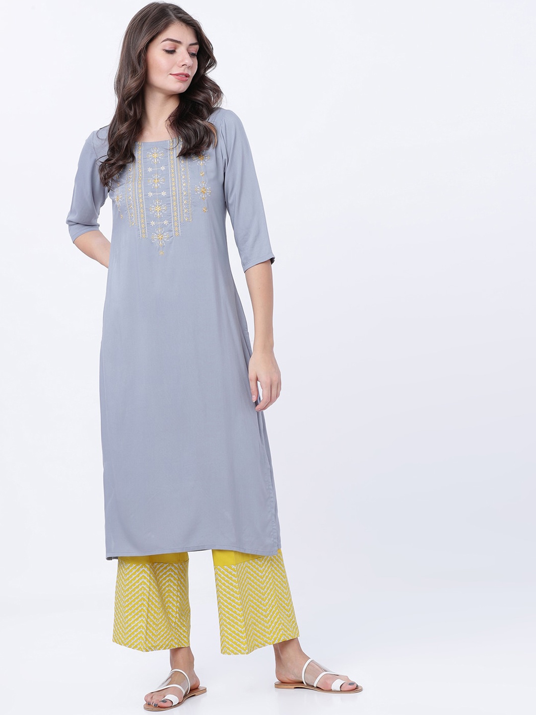 

Vishudh Women Grey & Mustard Yoke Design Kurta with Palazzos