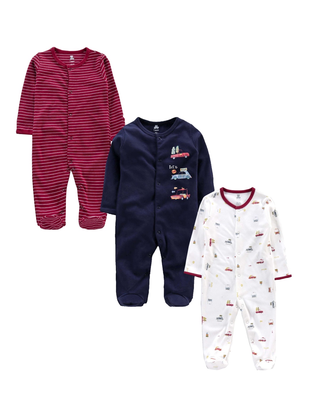 

i bears Kids Unisex Pack of 3 Multicoloured Printed Rompers, Red