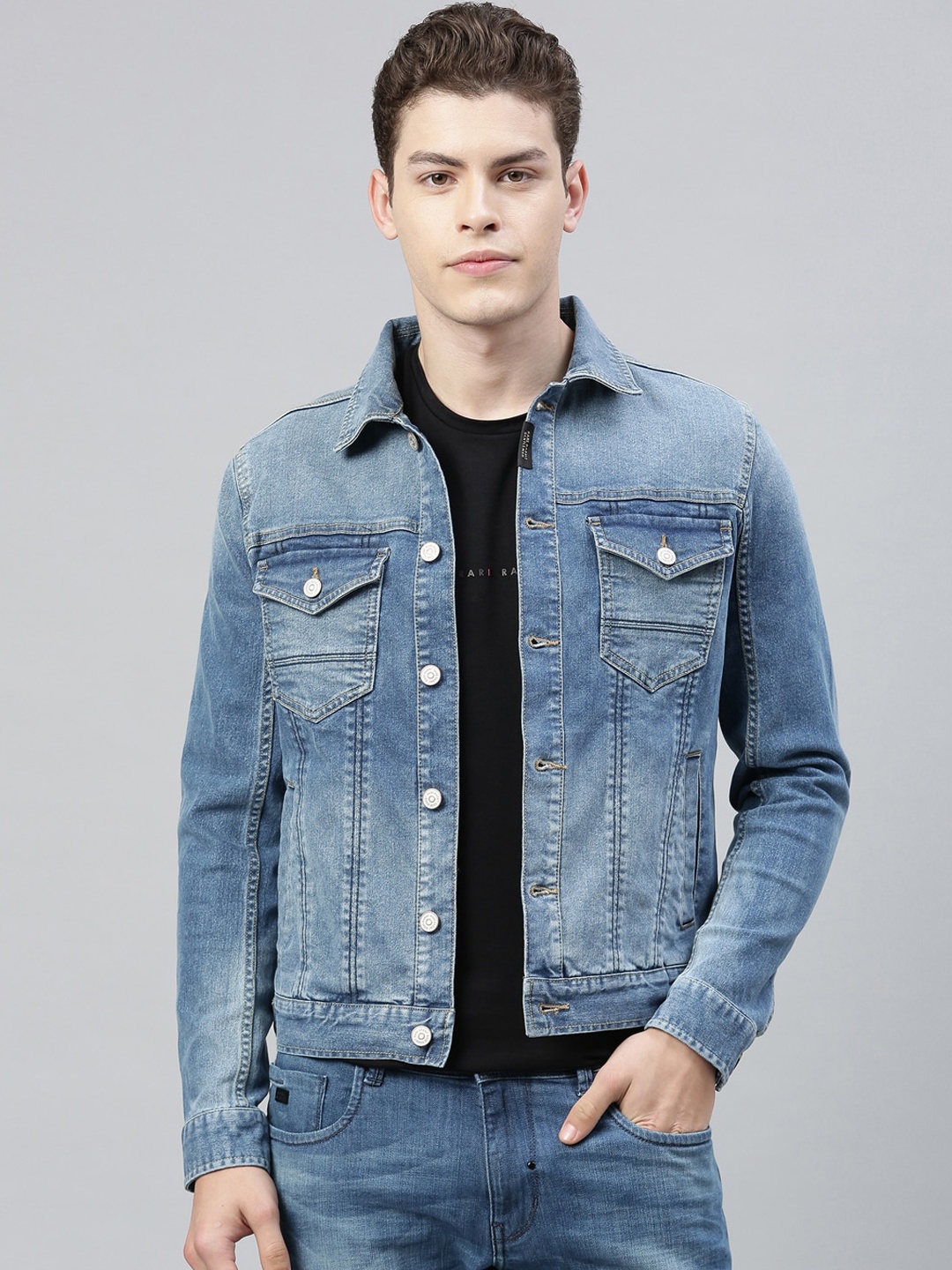 

RARE RABBIT Men Blue Solid Insulator Denim Jacket