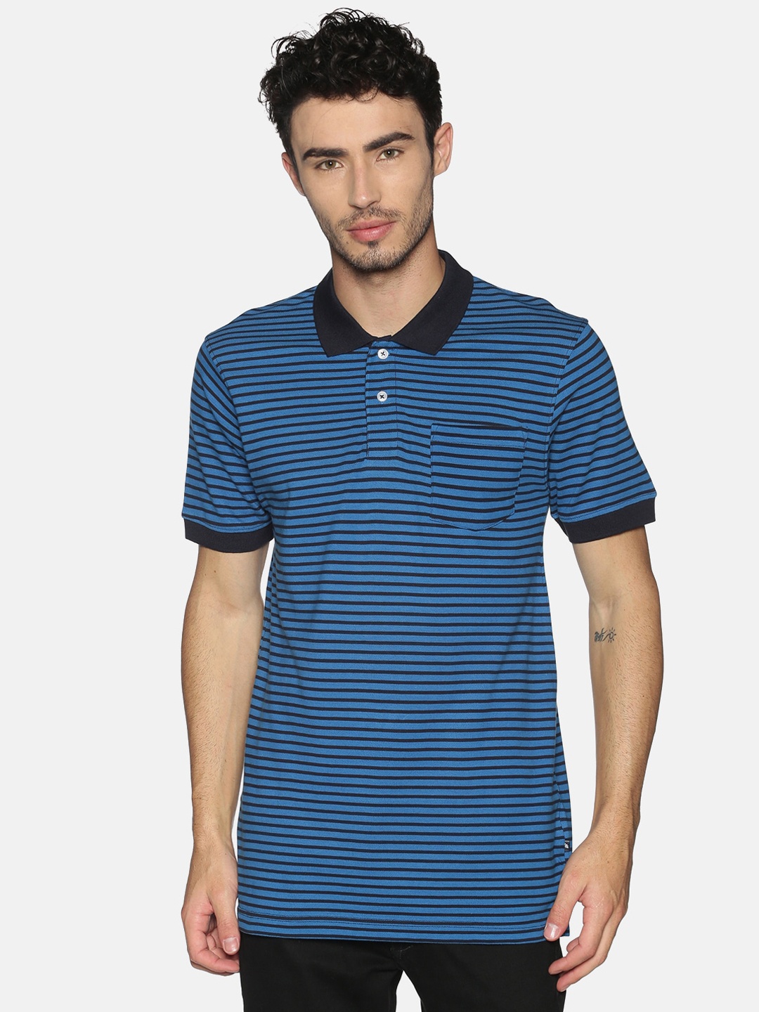 

Chennis Men Blue Slim Fit Striped Polo Collar Cotton Pure Cotton T-shirt
