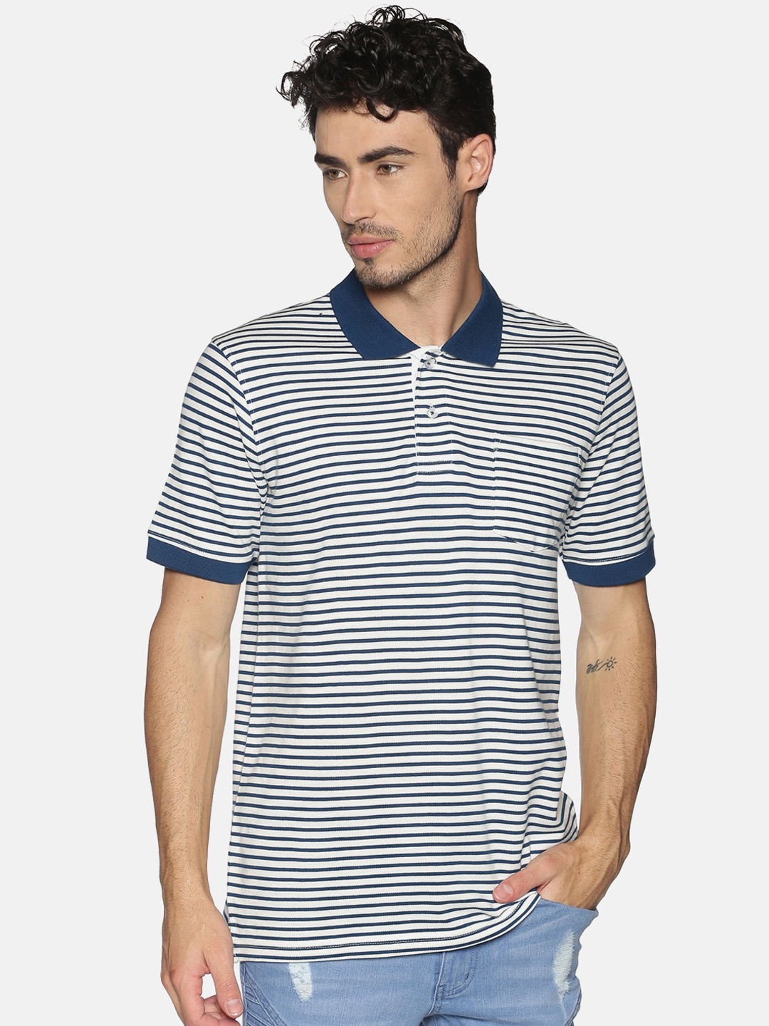 

Chennis Men White Blue Slim Fit Striped Polo Collar Cotton Pure Cotton T-shirt