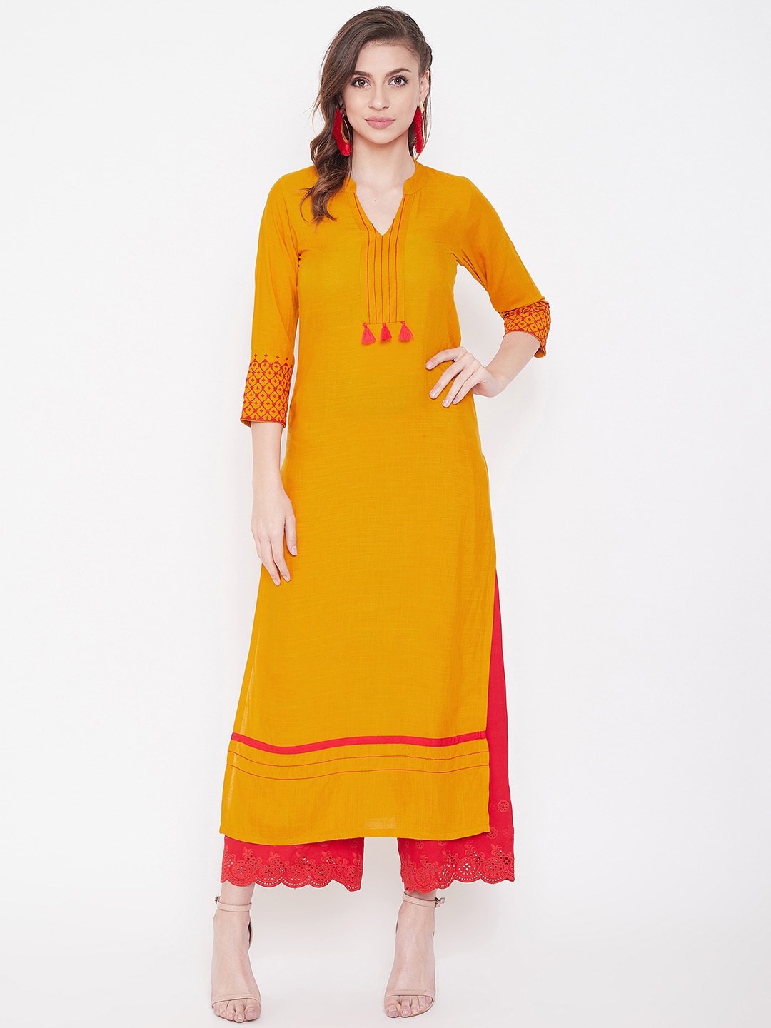 

WineRed Women Mustard Yellow Solid Straight Kurta