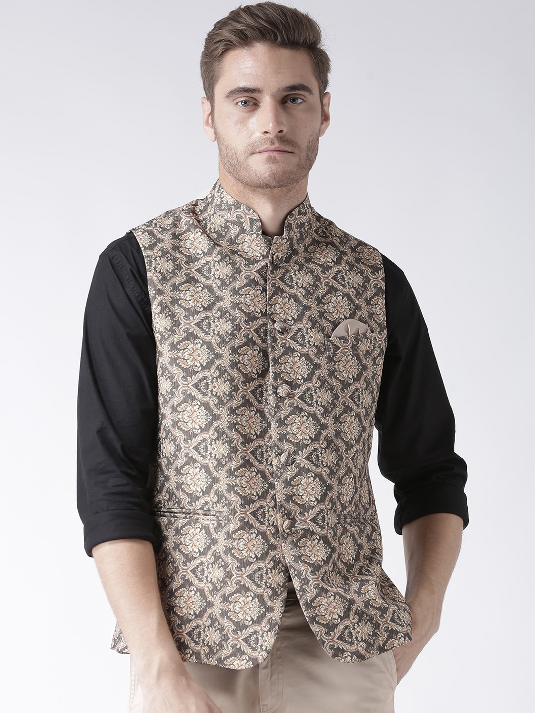 

Hangup Men Brown & Beige Ethnic Motif Printed Woven Nehru Jacket