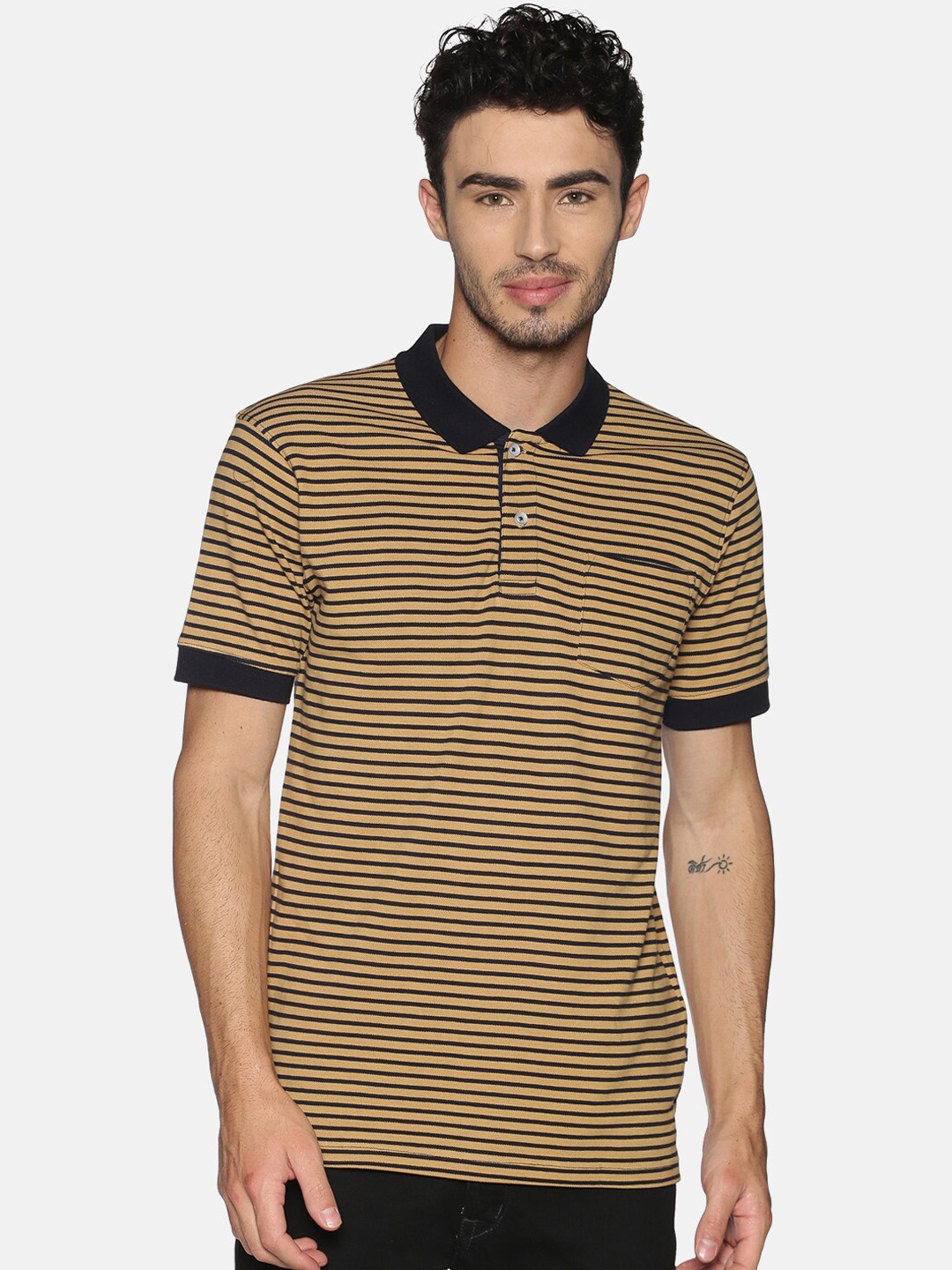 

Chennis Men Beige Black Striped Polo Collar Pure Cotton T-shirt