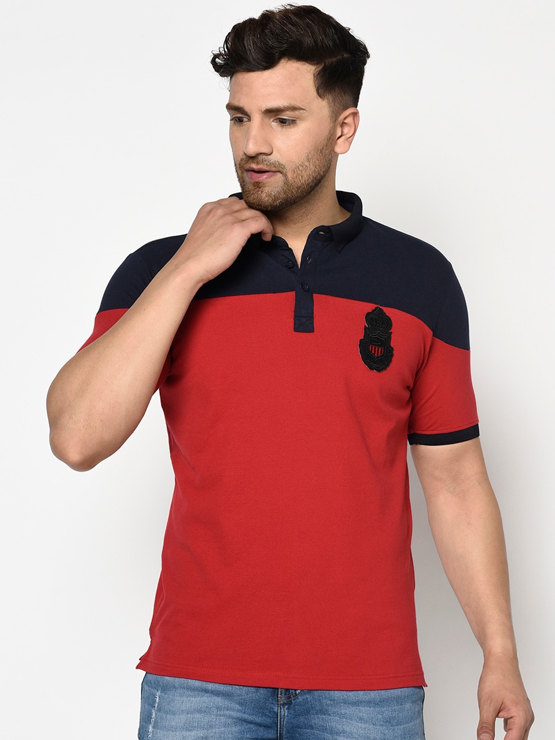 

Duke Men Navy Blue Colourblocked Polo Collar T-shirt