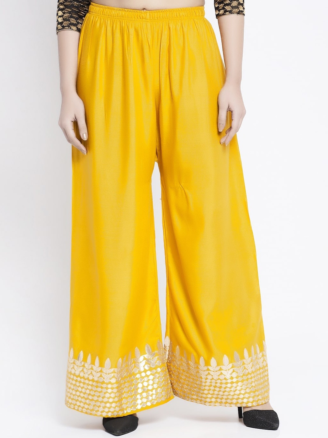 

GRACIT Women Yellow & Gold-Toned Hem Design Flared Palazzos