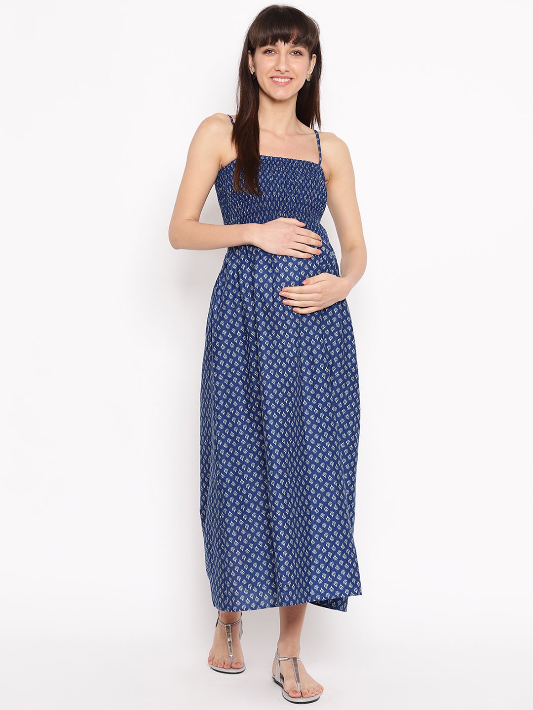 

The Vanca Women Blue Printed Maternity Maxi Dress