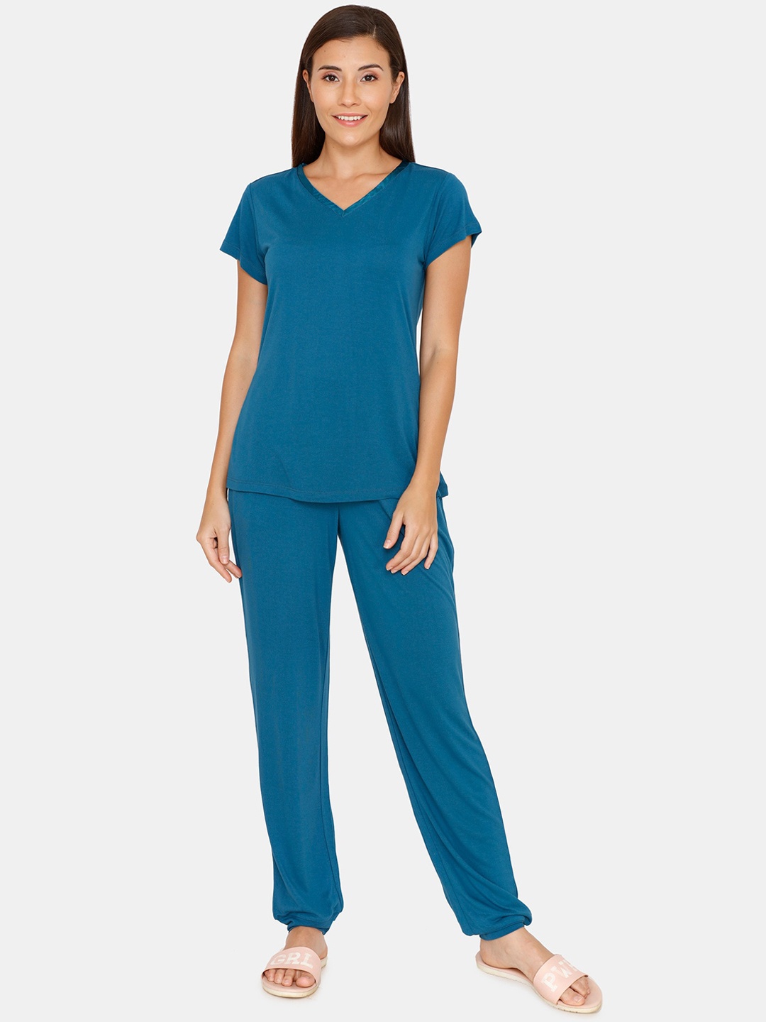 

Zivame Women Teal Blue Solid Night Suit