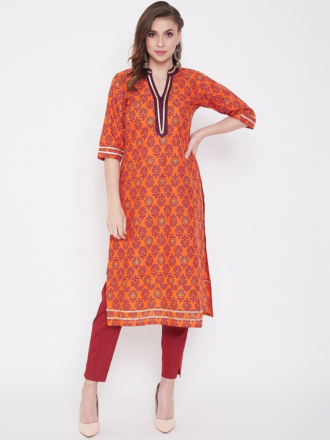 

WineRed Women Orange & Maroon Printed Straight Kurta