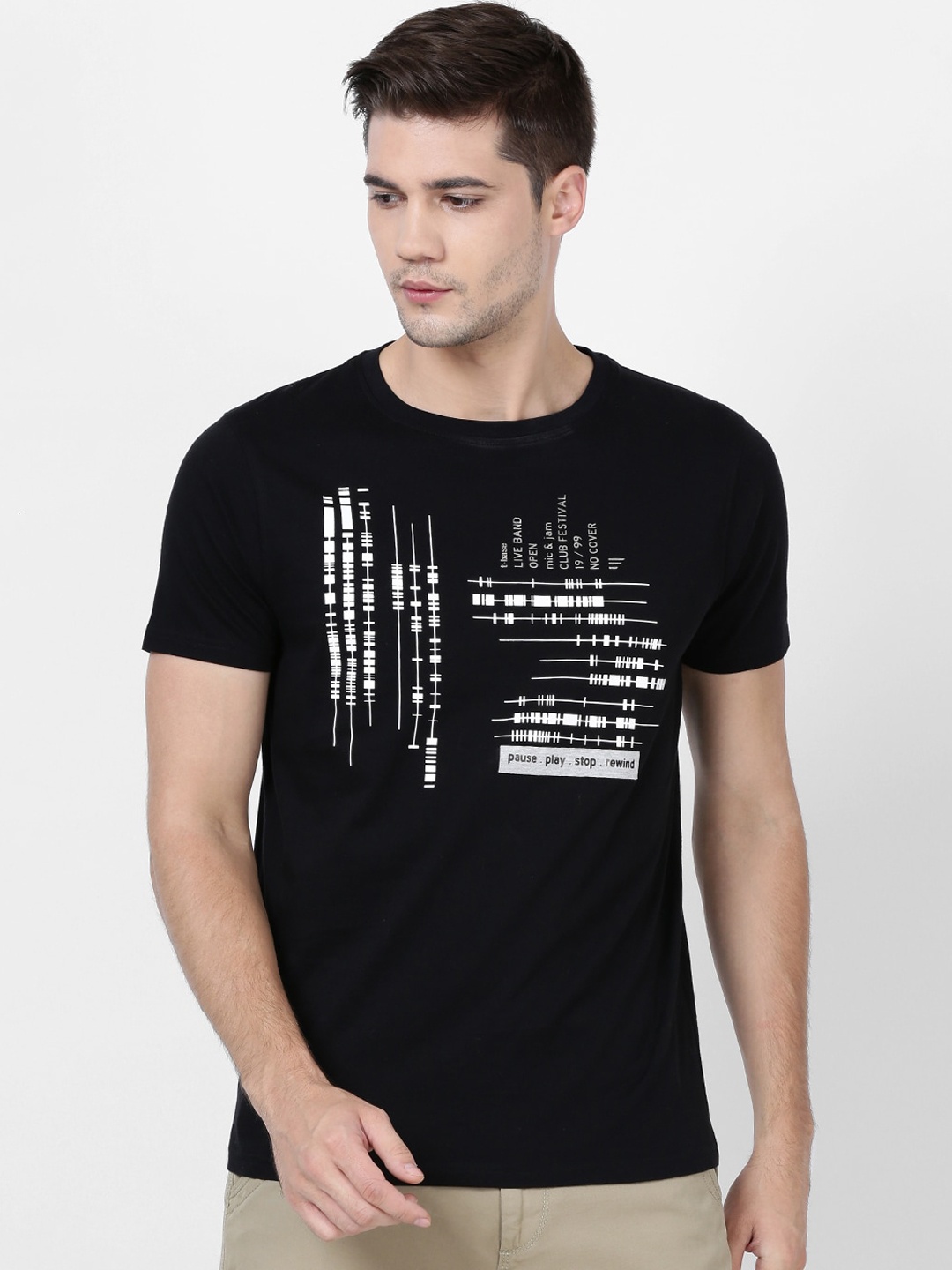t-base Men Black Printed Round Neck Pure Cotton T-shirt
