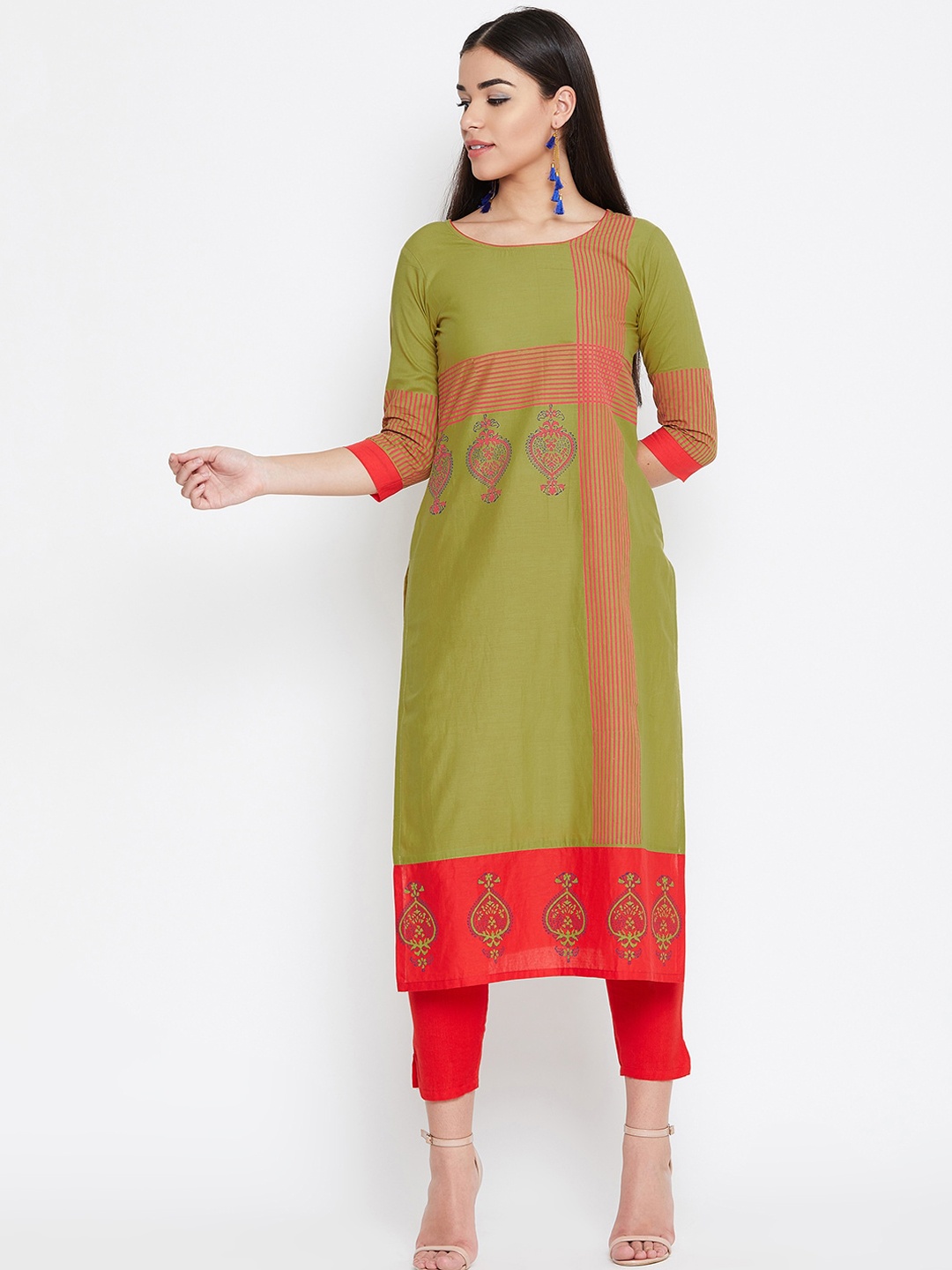

WineRed Women Olive Green Printed Straight Kurta