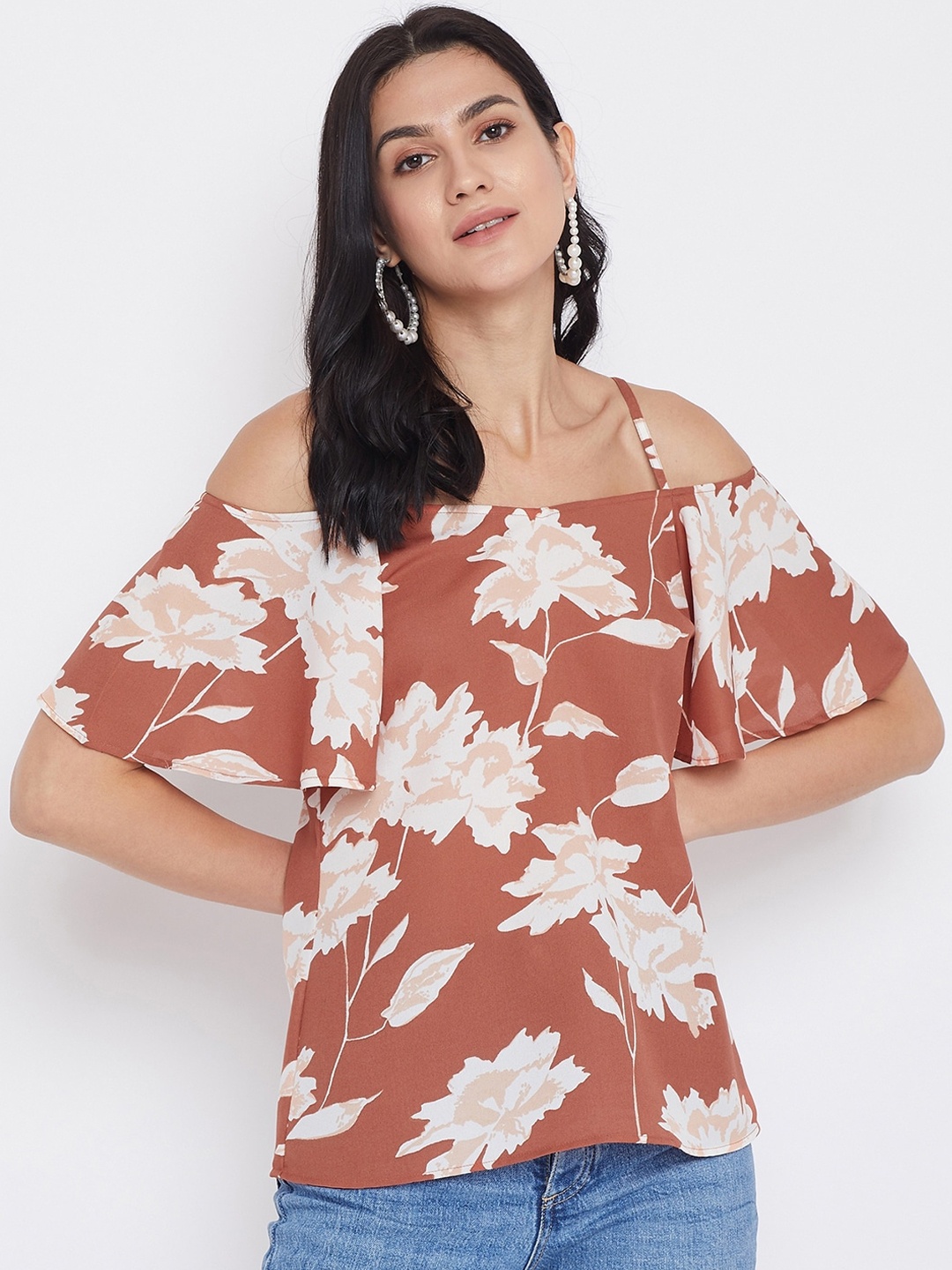 

Berrylush Women Brown Printed Bardot Top