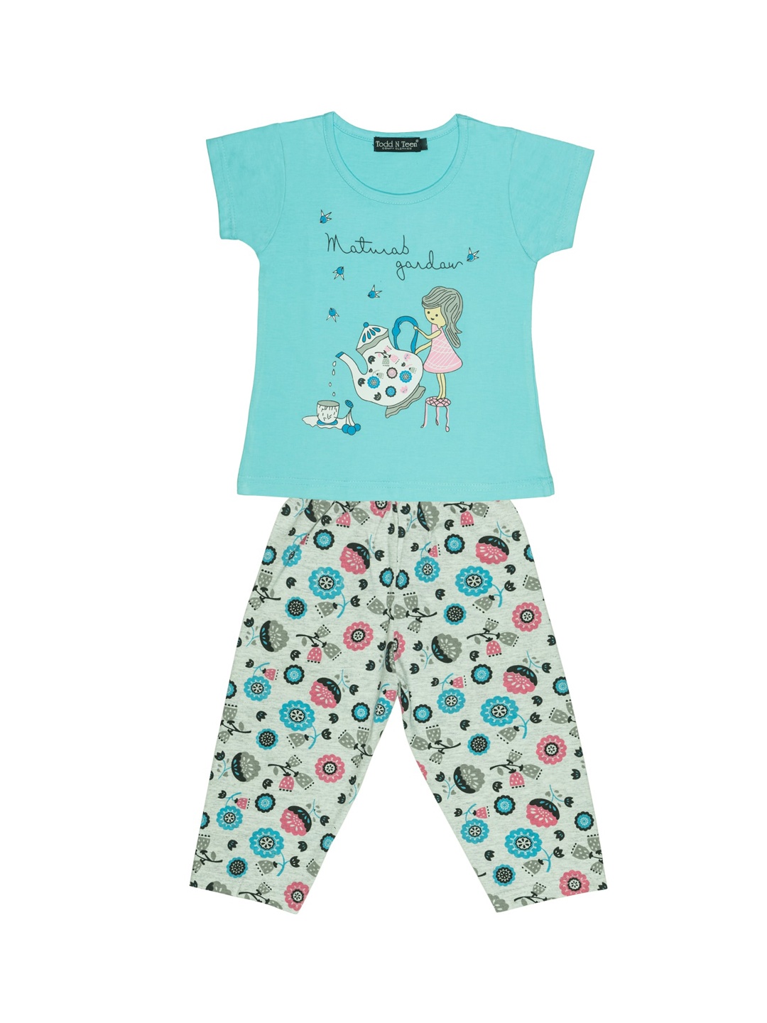 

Todd N Teen Girls Blue & Green Printed Pure Cotton T-shirt with Capris