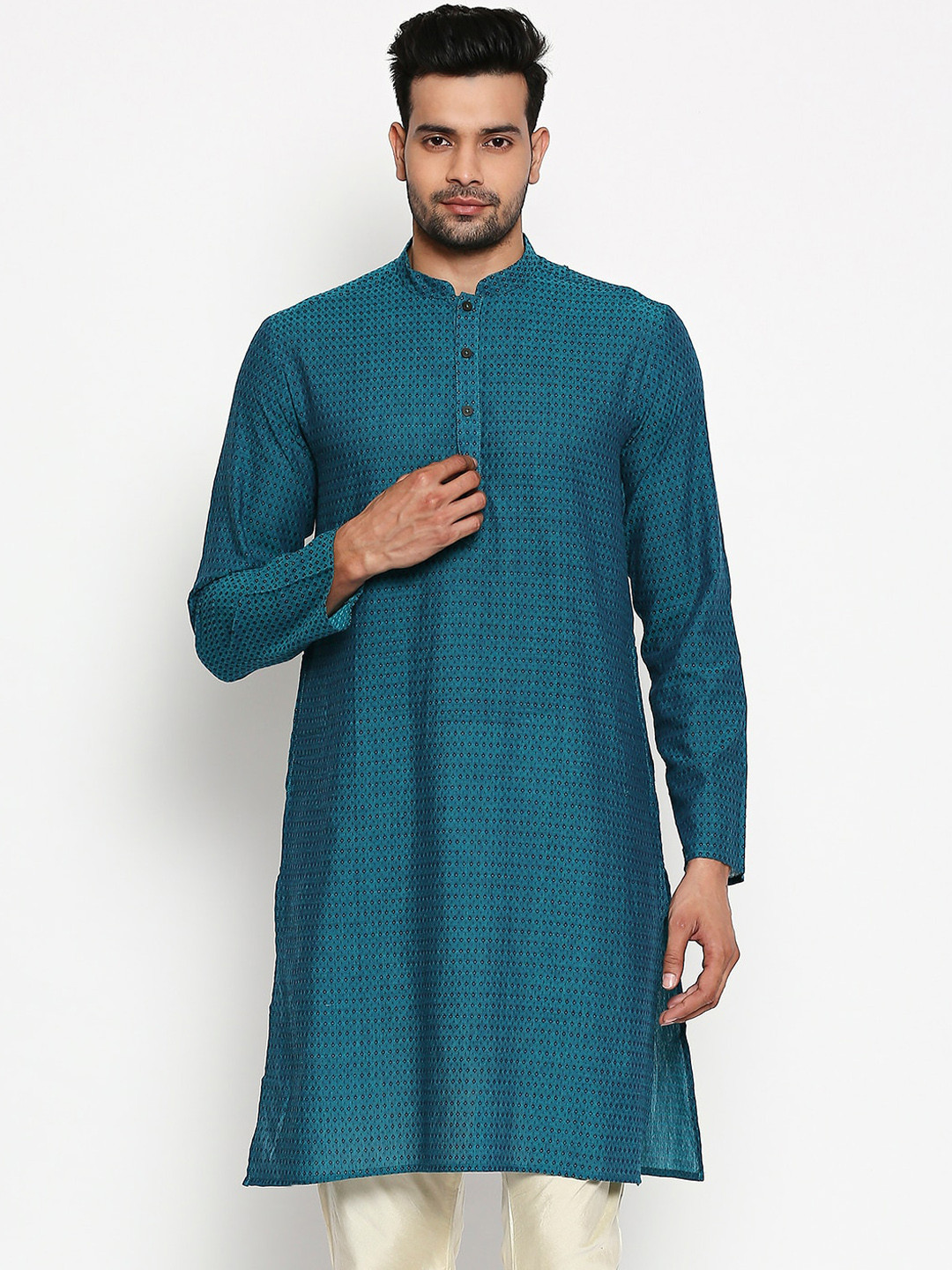 

indus route by Pantaloons Men Teal Woven Design Straight Kurta