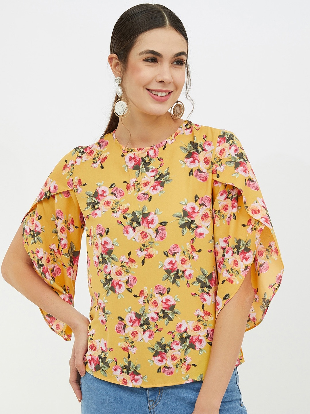

Harpa Women Mustard Printed Styled Back Top
