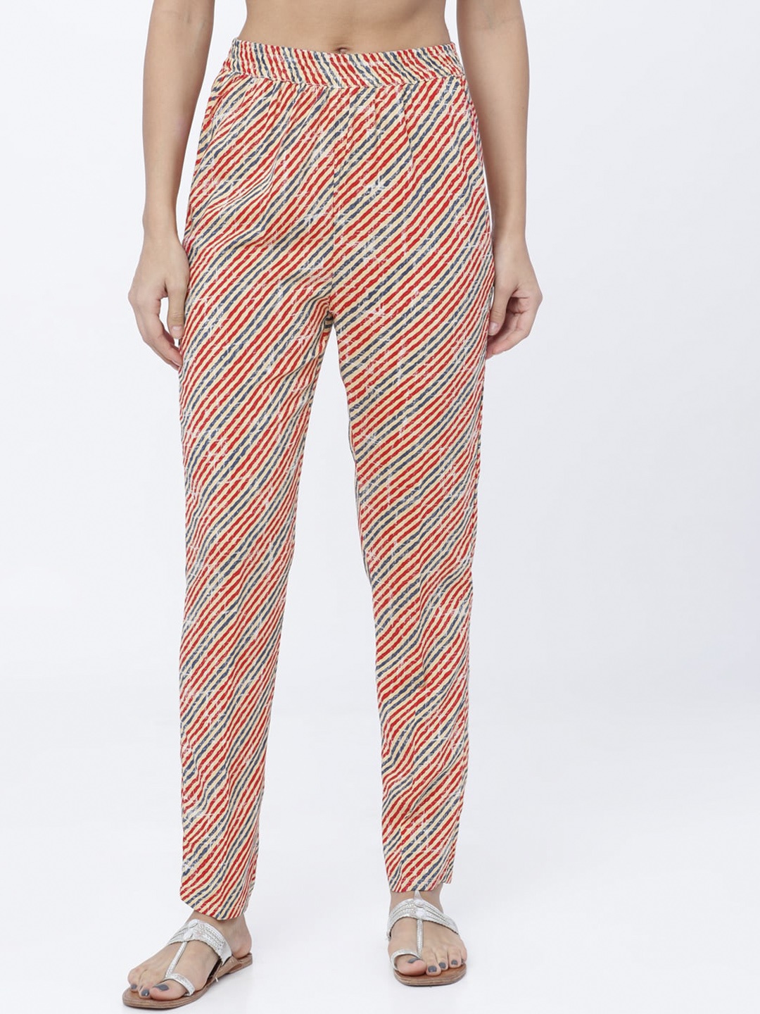 Vishudh Women Beige & Red Striped Trousers