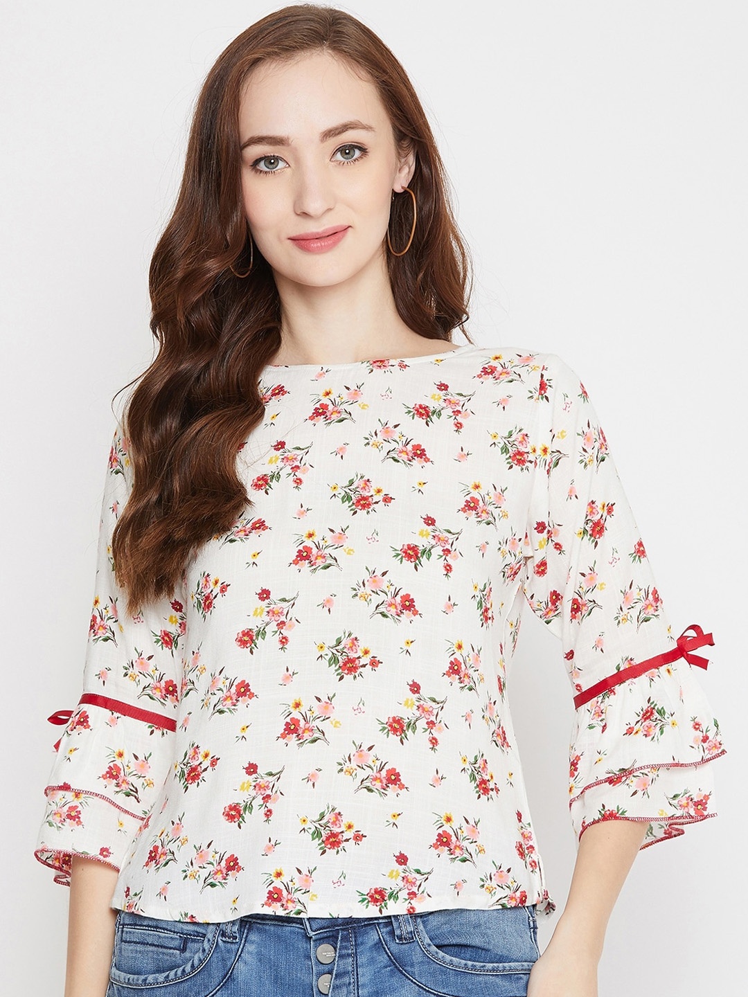

WineRed White & Red Floral Print Top