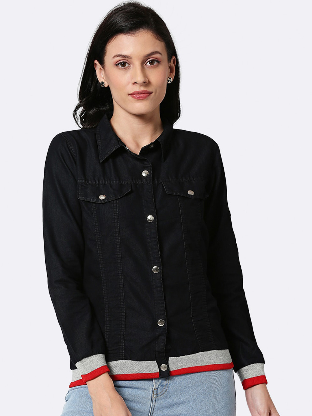 

Bewakoof Women Black Striped Denim Jacket