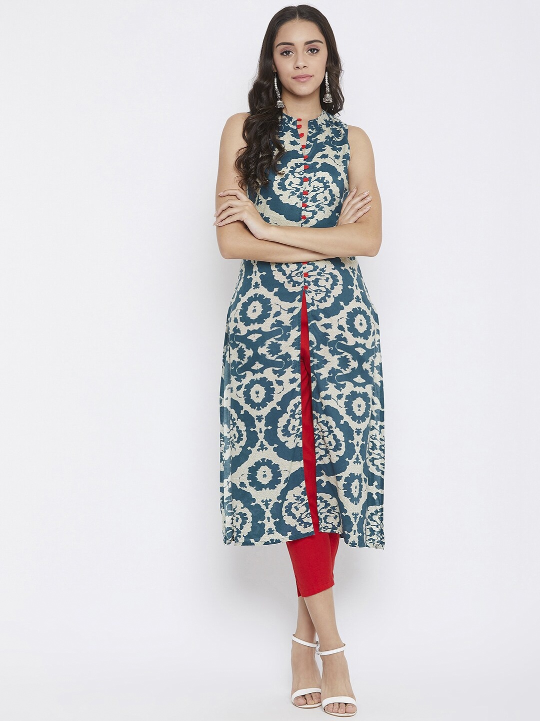

WineRed Women Navy Blue & Grey Printed A-Line Kurta